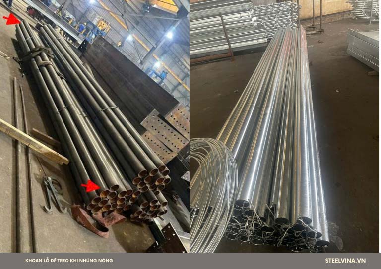 khoan lỗ ống thép trước khi mạ kẽm nhúng nóng