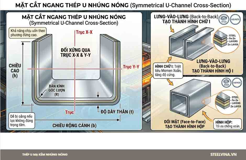 mặt cắt ngang của thép u mạ kẽm nhúng nóng
