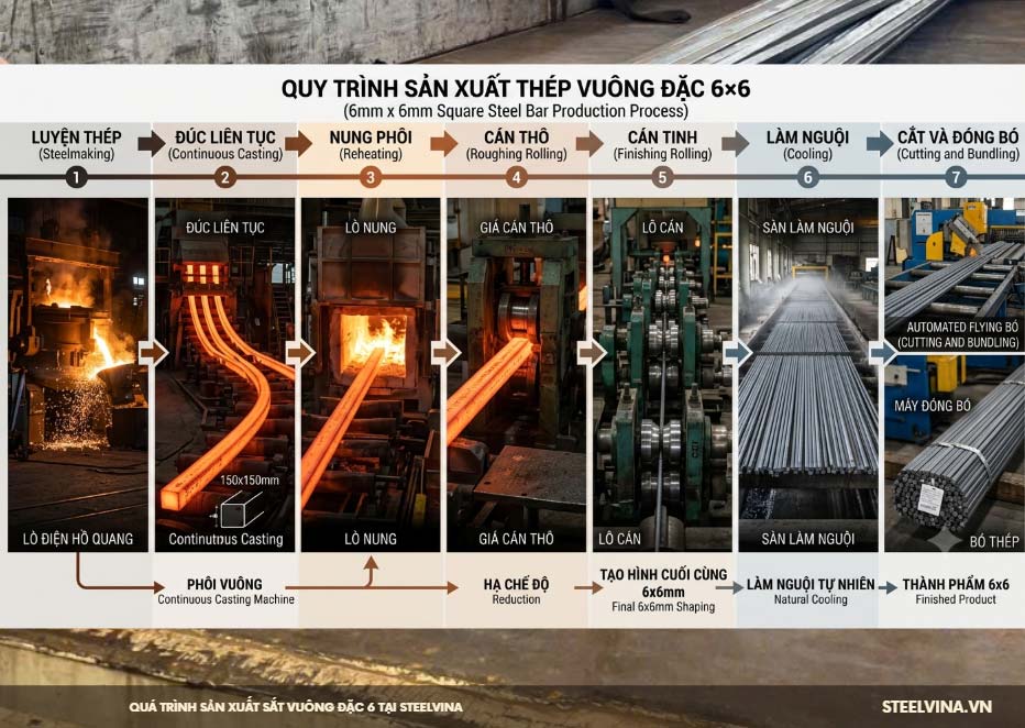 quá trình 7 bước sản xuất thép vuông đặc 6x6