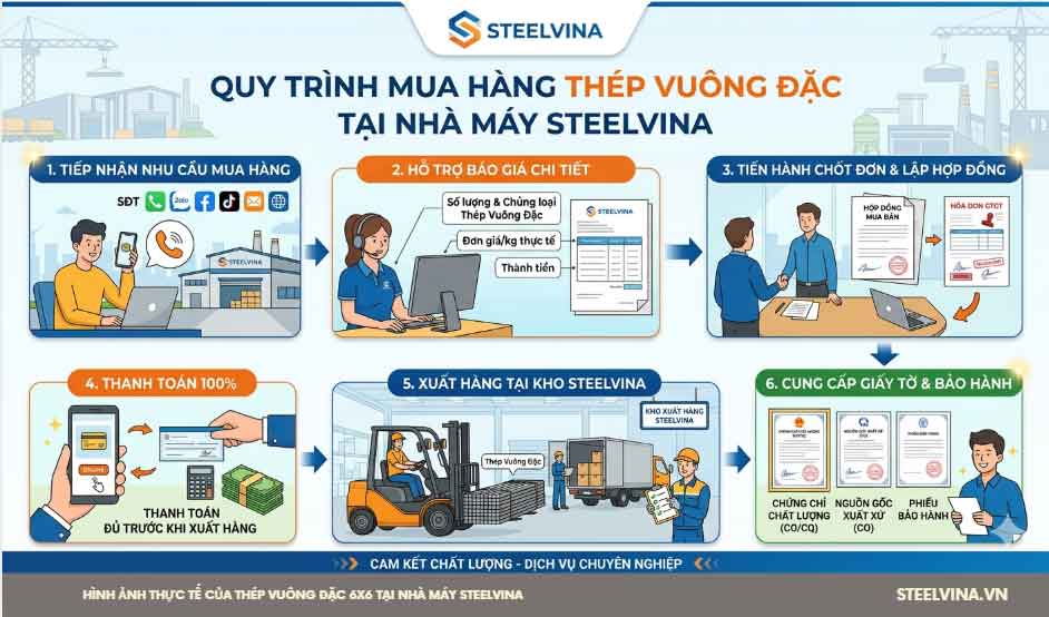 quy trình các bước mua hàng thép vuông đặc 8x8 tại nhà máy steelvina
