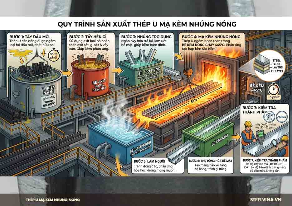 quy trình các bước sản xuất thép u mạ kẽm nhúng nóng