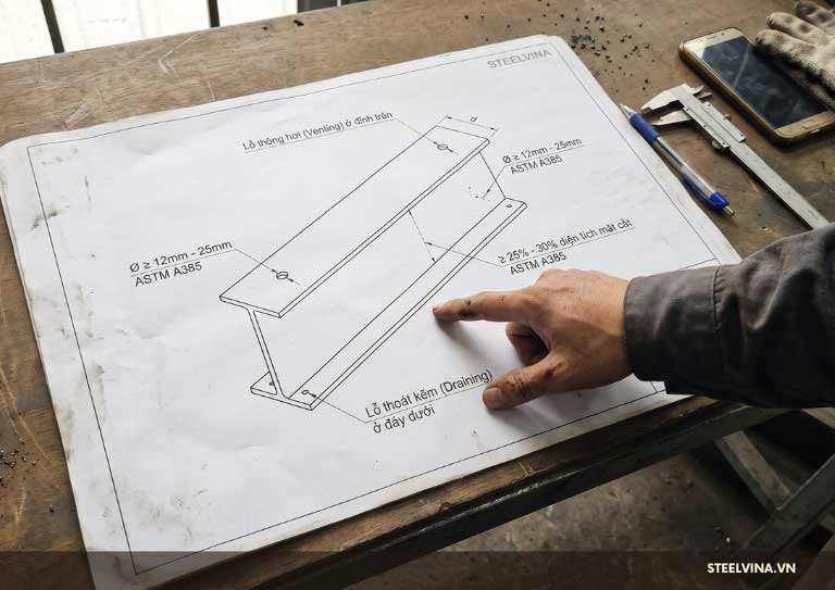 sơ đồ bố trí thoát kẽm và thoát khí cho kết cấu thép